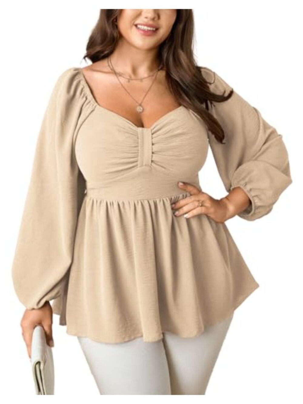 Plus Size Babydoll Peplum Blouse Sweetheart Neck Smocked Ruffle Casual Top